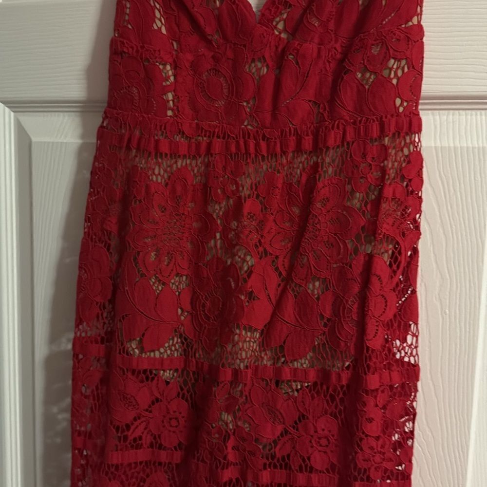 For Love and Lemons Red Lace Dress Tan Leotard Body Suit - Size Small - Like New - Picture 3 of 7